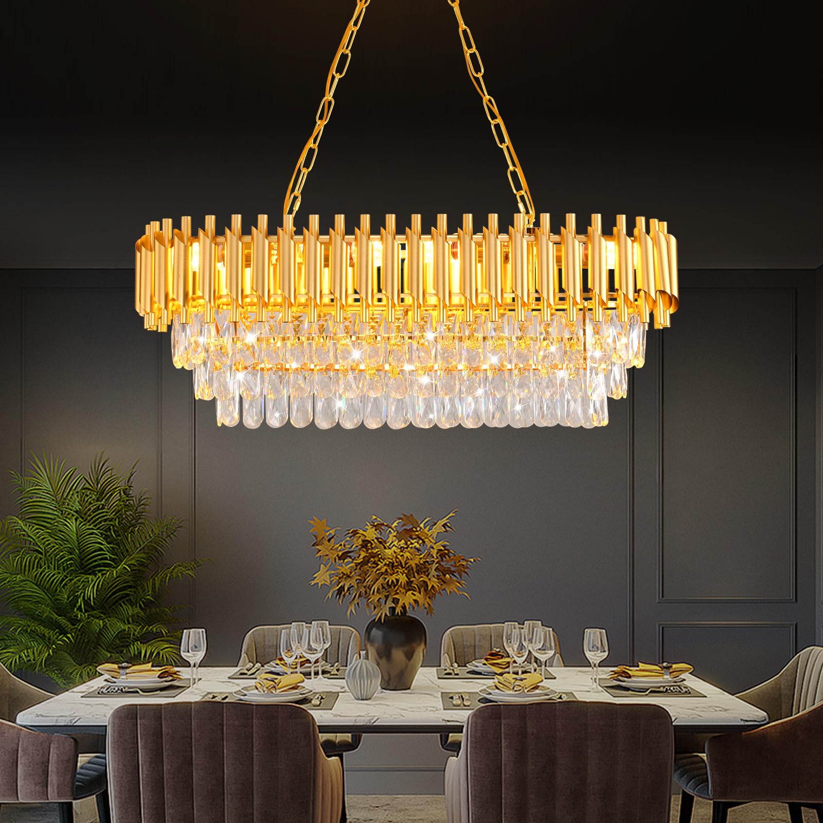 Photo 1 of  Modern Crystal Chandeliers for Dining Room 8-Light Gold Crystal Chandelier Living Room Oval Contemporary Ceiling Hanging Light Pendant Light Fixture for Kitchen Island Bar Restaurant L32