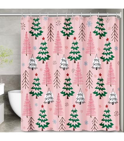 DSMEUE Christmas Tree Shower Curtain - Pink Xmas Tree Snowflake Pattern Fabric Bathroom Decor (70x70 Inches) - View #8
