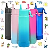 CHILLOUT LIFE 22 oz Kids Insulated Water Bottle for School with Straw Lid Leakproof and Cute Waterproof Stickers, Personalized Stainless Steel Thermos Flask Metal Water Bottle, Ocean Blue