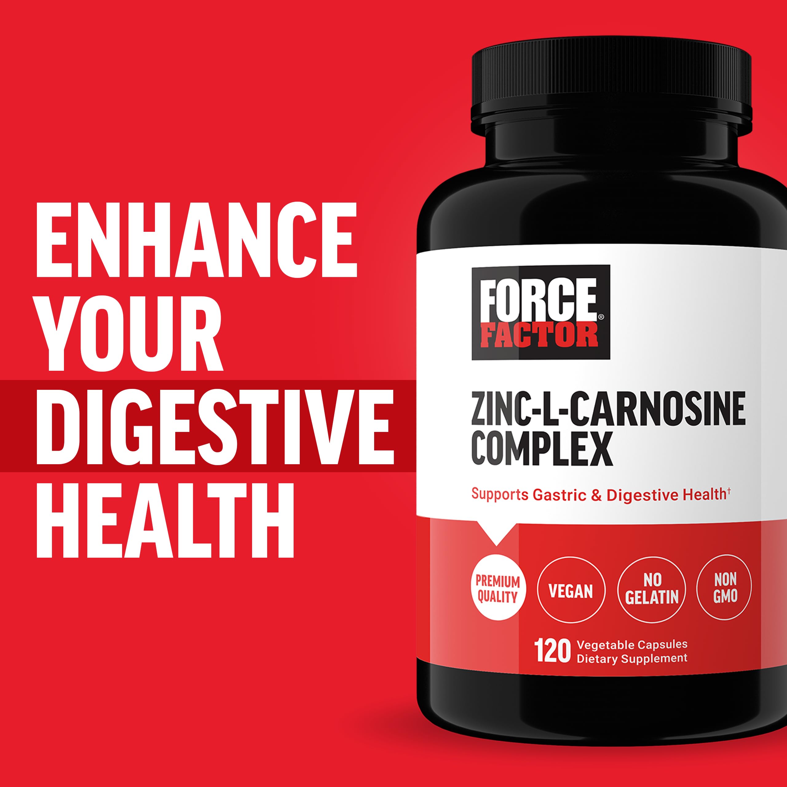 FORCE FACTOR Zinc L-Carnosine Capsules to Support Gastric and Digestive Health, Digestion and Bloating Supplement, Vegan, Non-GMO, No Gelatin, 120 Capsules