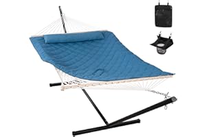 ANOW Double Hammock with Stand Included, Rope Hammock with Detachable Pillow and Pad for Outdoors Indoors, 450 LBS Weight Capacity, Blue