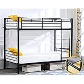 Bonnlo Bunk Bed Twin Over Twin for Kids/Teens/Adults Heavy Duty 2 Decker Bed with Flat Ladder and 13 inches High Guardrail, Metal Space Saver Bed with Stairs, Black