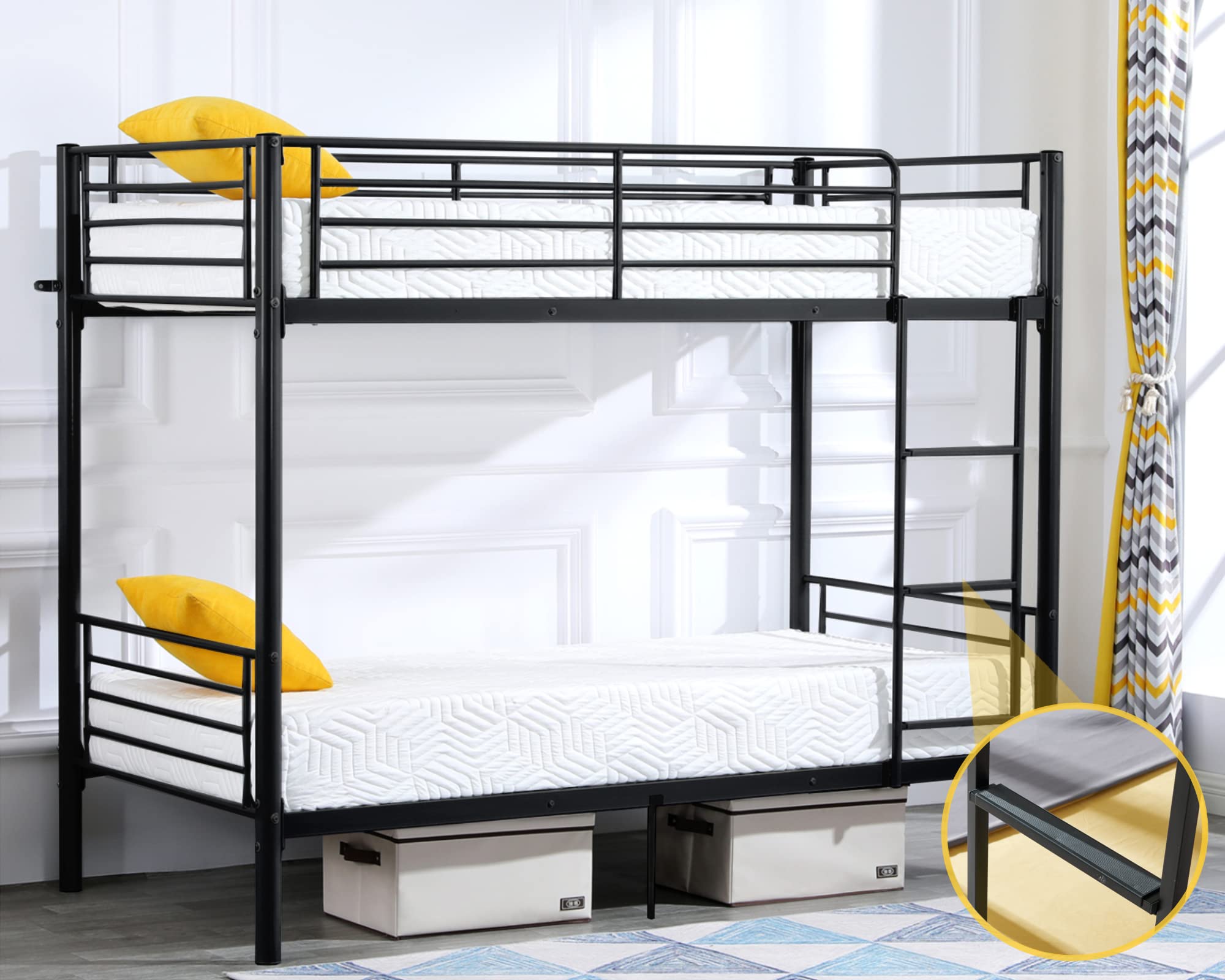 Photo 1 of Bonnlo Bunk Bed Twin Over Twin for Kids/Teens/Adults Heavy Duty 2 Decker Bed with Flat Ladder and 13 inches High Guardrail, Metal Space Saver Bed with Stairs, Black(has two beds plus a play area)