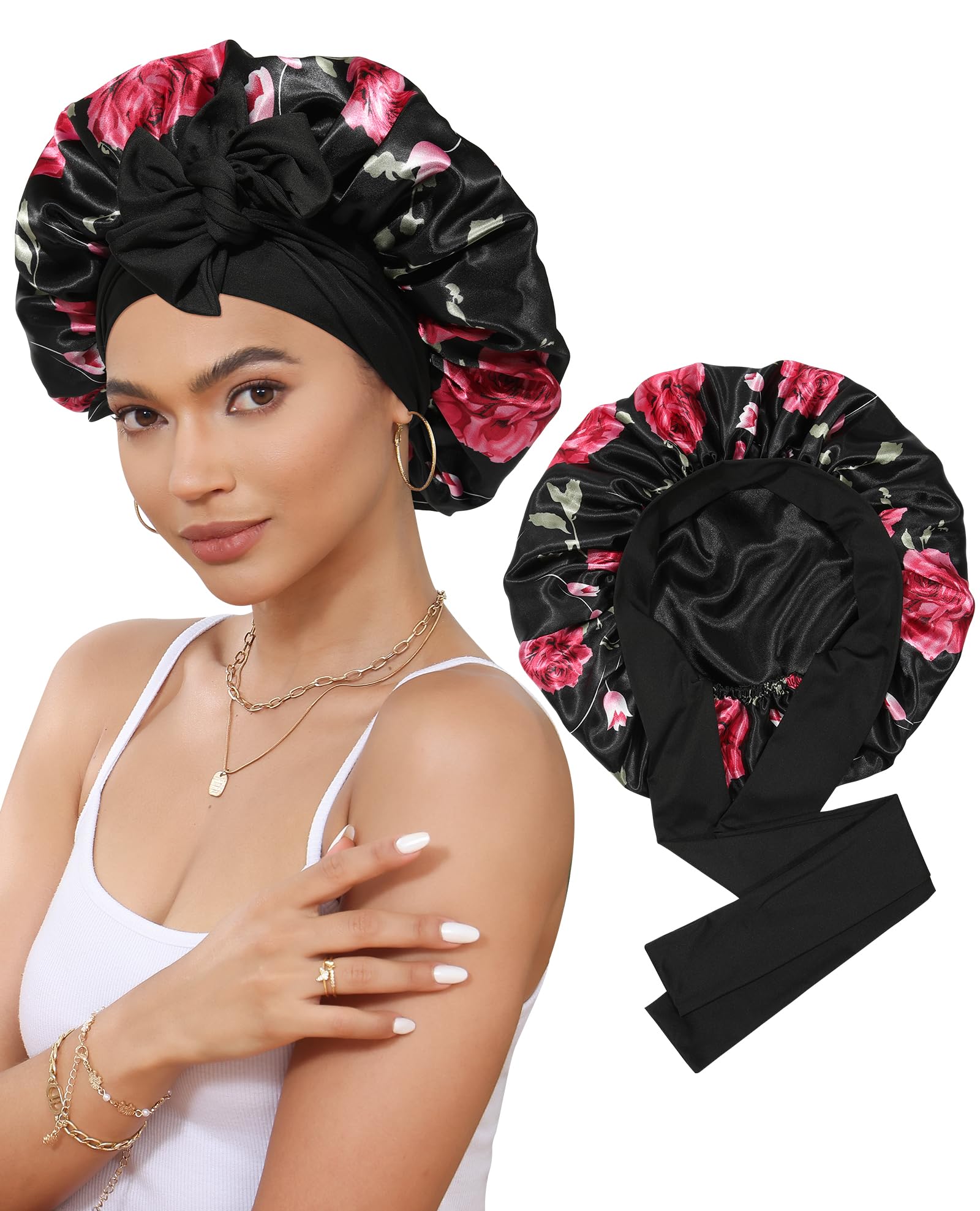 Photo 1 of Satin Bonnet Silk Bonnet for Sleeping Silk Sleep Cap Double Layer Hair Bonnet with Elastic Tie Band for Curly Hair Night Cap (Black Flower + Black)