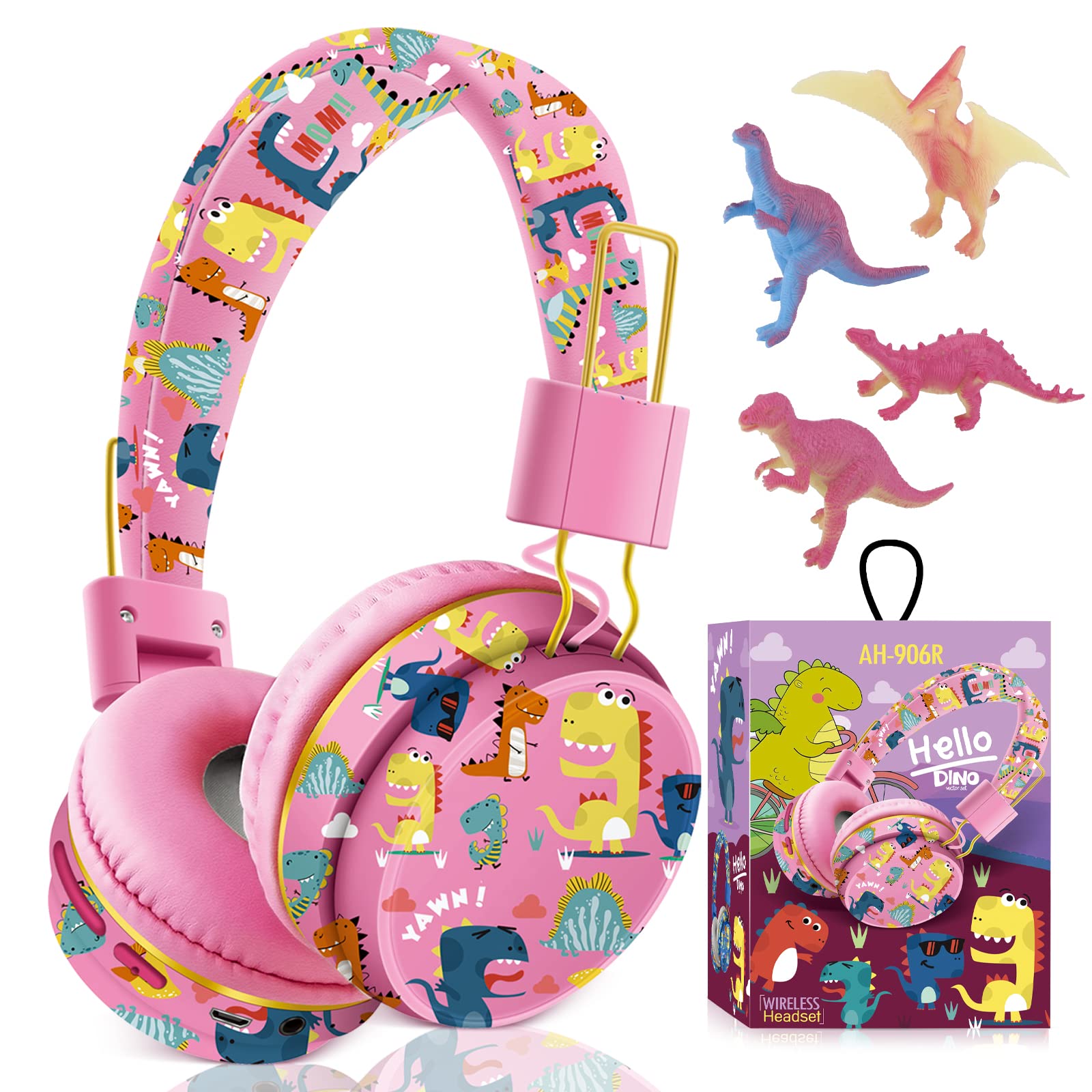 JYPS Kids Headphones Wireless, Cute Dinosaur Childrens Bluetooth Headphones with Microphone, Toddler Headphone Over Ear for Age 2+, Compatible with iPad/Fire Tablet