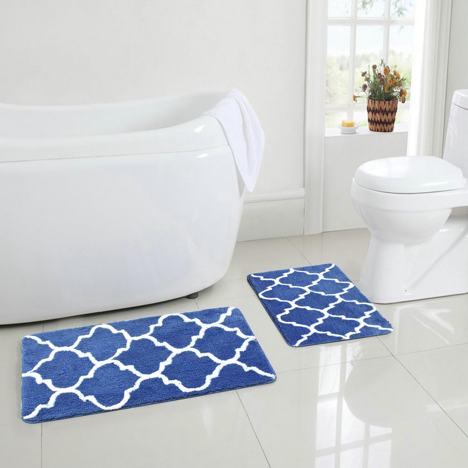 KOOCO 1-Piece Acrylic Flocking Geometric Rug And Carpet For Living Room Area Rug For Bedroom Slip Resistant, Royal Blue, 50X80CM