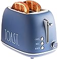 Rae Dunn Retro Rounded Bread Toaster, 2 Slice Stainless Steel Toaster with Removable Crumb Tray, Wide Slot with 6 Browning Levels, Bagel, Defrost and Cancel Options, Navy