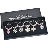 Souarts Mixed Christmas Snowflake Glass Wine Charms Markers Tag Pendant Set with Box Pack of 6pcs