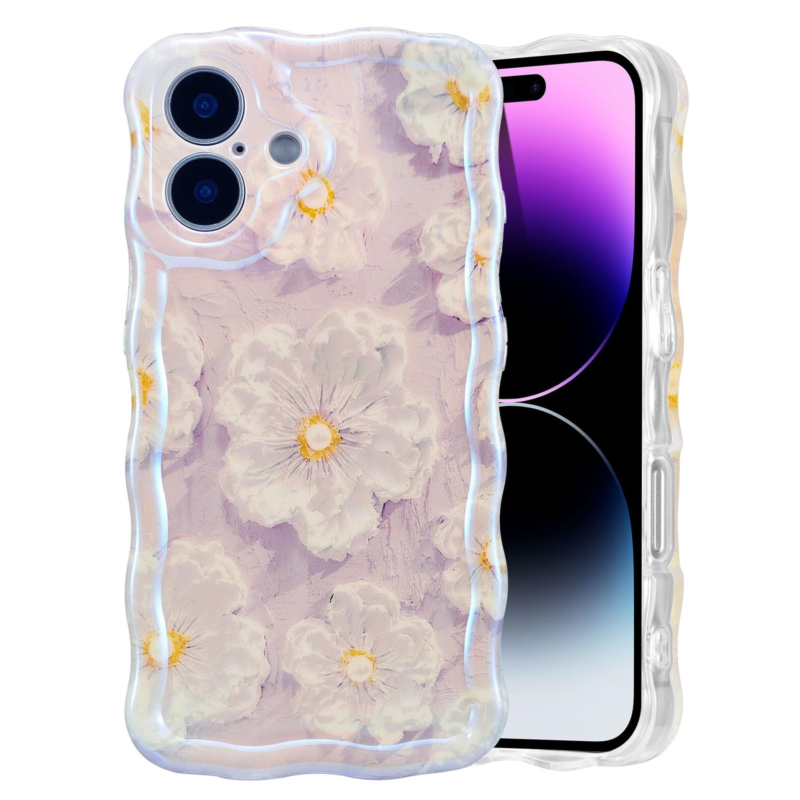 EYZUTAK Case for iPhone 16 Plus, Colorful Retro Oil Painting Flower Laser Glossy Pattern Cute Curly Wave Edge Exquisite Phone Cover Stylish Durable TPU Protective Case for Girl Women - Light Purple — image 1