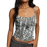 BAIGRAM Women Camo Crop Tank Top Spaghetti Strap Backless Camisole Fitted Maple Leaf Print Sleeveless Going Out Top Y2K