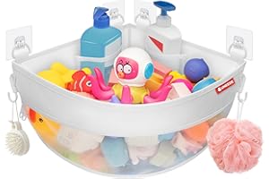 UNEEDE 4.32 Gallons Corner Mounted Bath Toy Storage Holder, Mesh Shower Caddy for Bathtub Organizer, Quick Dry Holder
