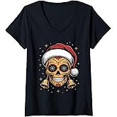 Womens Christmas Sugar Skull Art Woman Santa Hat Festive Design V-Neck T-Shirt