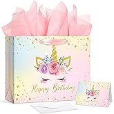 Kolldenn 13 Large Happy Birthday Gift Bag with Handles, Card and Tissue Papers for Girls Kids Women Birthdays Baby Shower Wedding Party Favors (Unicorn)