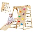 FUNLIO 8-in-1 Wood Indoor Playground for Kids 3-8 Years, Larger & Heavier Climbing Toys with Solid Pine, Indoor Gym for Kids with Swing/Slide/Climbing Rock/Net/2 Ladders/Monkey Bars/Gymnastic Rings