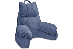 RRPAHWTV Back Pillow for Bed Sitting up,Reading Pillow with Shredded Memory Foam for Adult Backrest,Back Pillow with arms for Watching TV/Reading/Gaming/Resting in Bed or Floor (Dark Blue, Large)