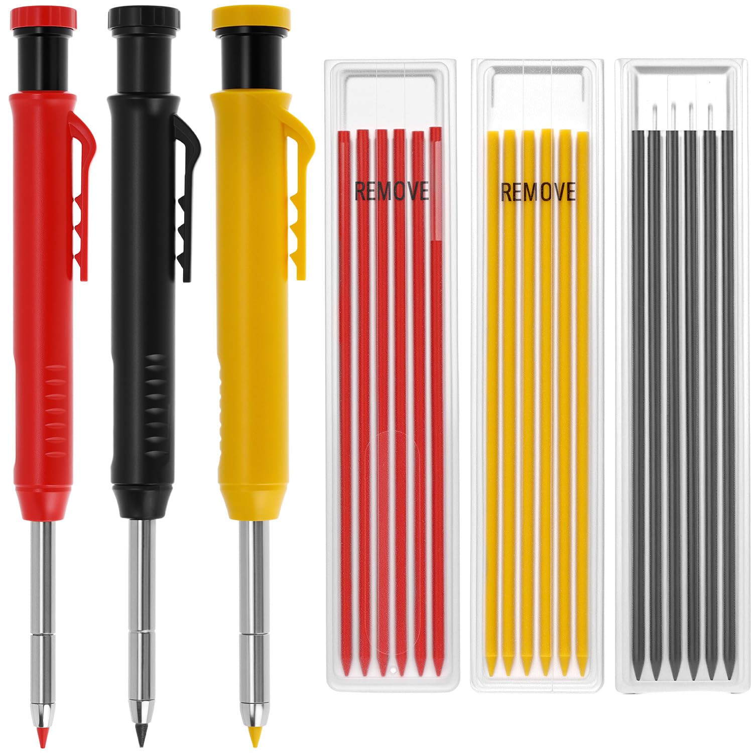 QWORK® 3 Solid Carpenter's Pencils with 18 Refills, Long Nosed Deep Hole Mechanical Pencil with Built-In Sharpener for Carpenter Scriber Woodworking Architect (Red Yellow Black)