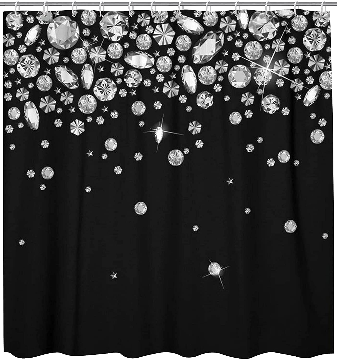 GETTOGET Unique 3D Printing Jewelry Falling Shower Curtain Set with 12 Hooks, Diamonds on The Shower Curtain, Eco-Friendly, No Odor Rust Proof Grommets, Black