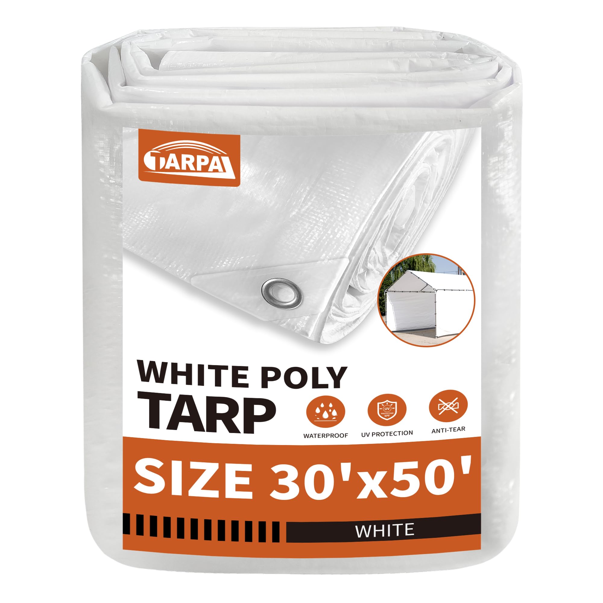 TARPAL 30'x50' White Tarp Waterproof 7.5 mil Medium Duty All Purpose Poly Tarps Cover Waterproof,Snow Proof UV Protection,Rip and Tear Proof,Poly Tarpaulin Image