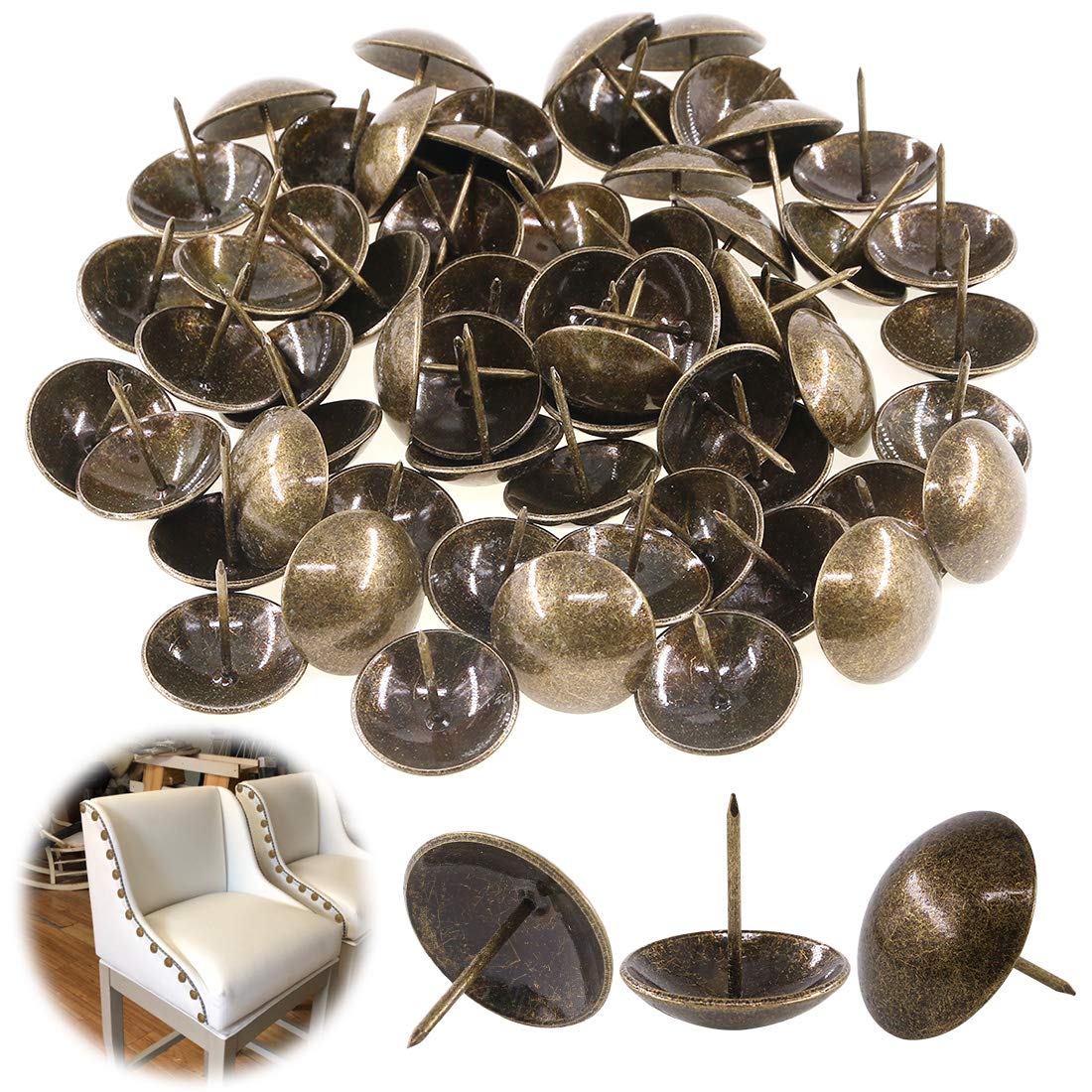 Keadic 60Pcs [ 1-3/16" in Diameter ] Antique Upholstery Tacks Furniture Nails Pins Assortment Kit for Upholstered Furniture Cork Board or DIY Projects - Bronze