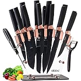 elabo Kitchen Knife Set - 16 Pcs Knife Set with Acrylic Block and Sharpener, Stainless Steel Knives Set for Kitchen Includes Sharp Knives, 6 Serrated Steak Knives, Dishwasher Safe(Rose Gold)