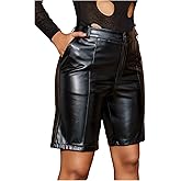 WDIRARA Women's Pu Leather Shorts High Waisted Straight Leg Bermuda Shorts Clubwear