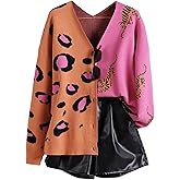 SHENHE Women's Color Block Button Down Animal Print Cardigan V Neck Leopard Sweater Coat