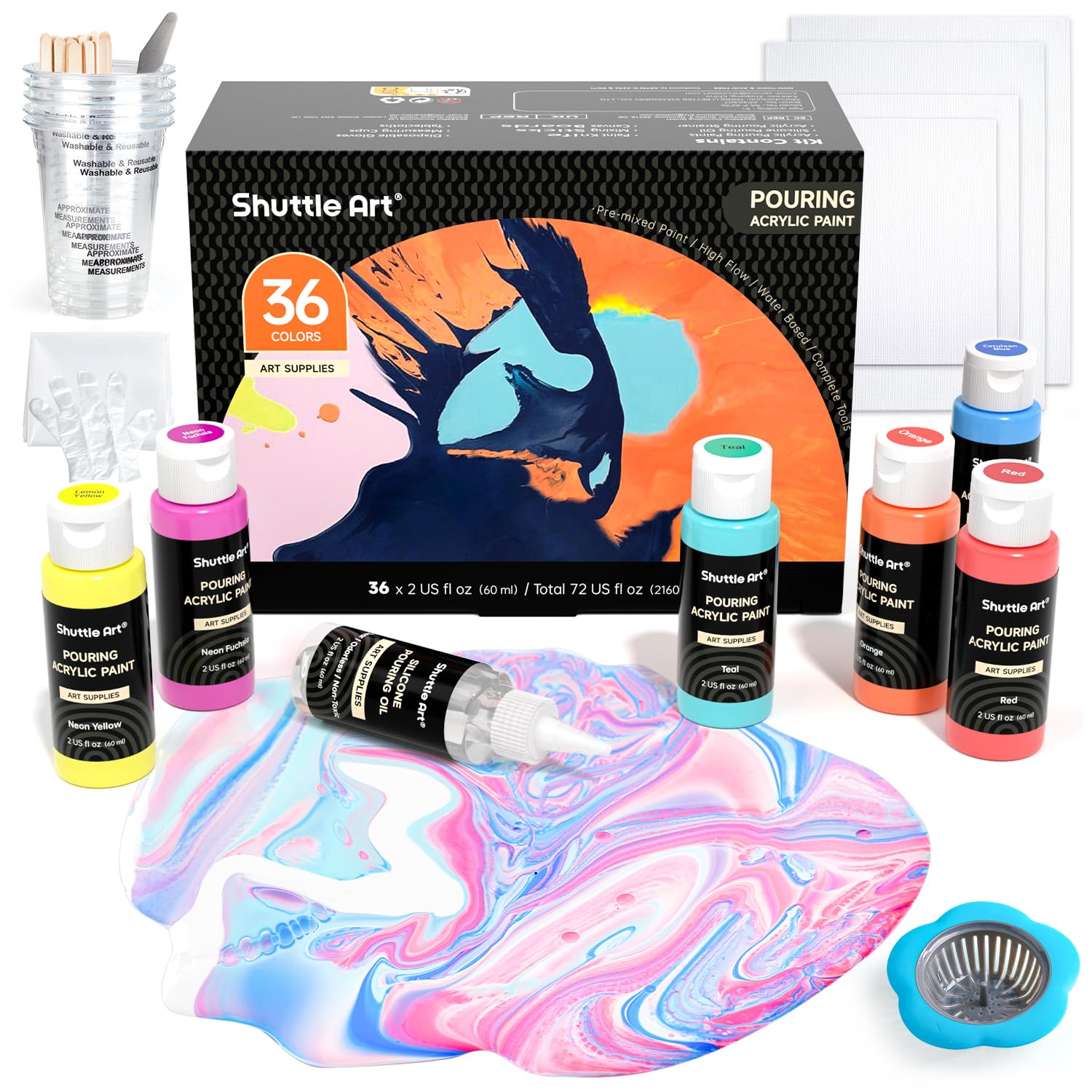 Shuttle Art Acrylic Pouring Paint, Set of 36 Bottles (2 oz/60ml) Pre-Mixed High-Flow Pouring Supplies with Canvas, Silicone Oil, Measuring Cups, Tablecloths, Complete Paint Pouring Kit