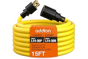 addlon 15FT 4-Prong 30 amp Generator Cord with Organizer Bag, NEMA L14-30P/L14-30R, 125/250 Volt 7500 Watts, 10 Gauge SJTW Locking Power Extension Cord for Manual Transfer Switch, Yellow, ETL Listed
