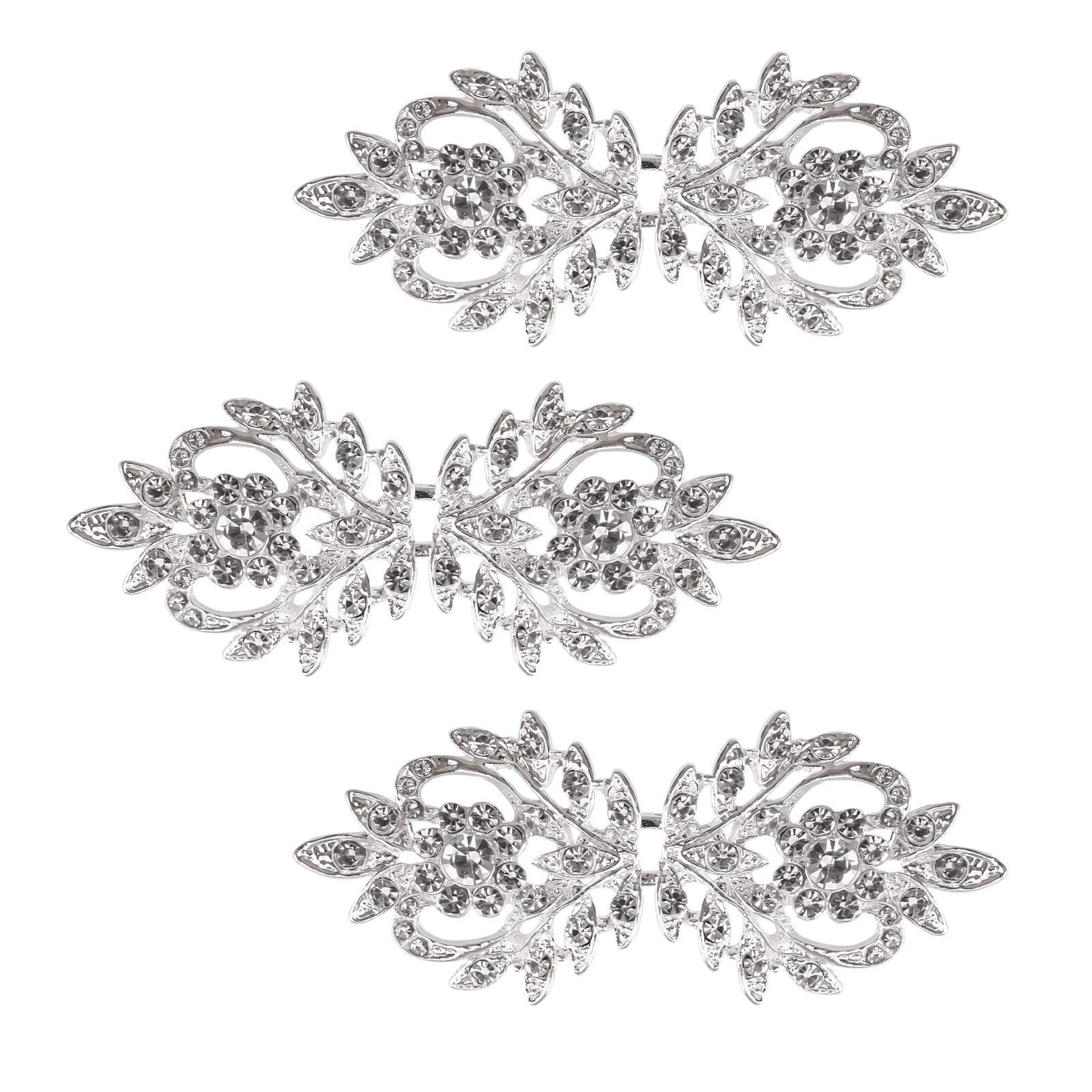 WANDIC Cloak Clasp Fasteners, 3 Pairs 7CM White Clips with Rhinestone Vintage Cape Sew On Hooks and Eyes Clasps Cardigan Clips for Clothing Sweater Shawl