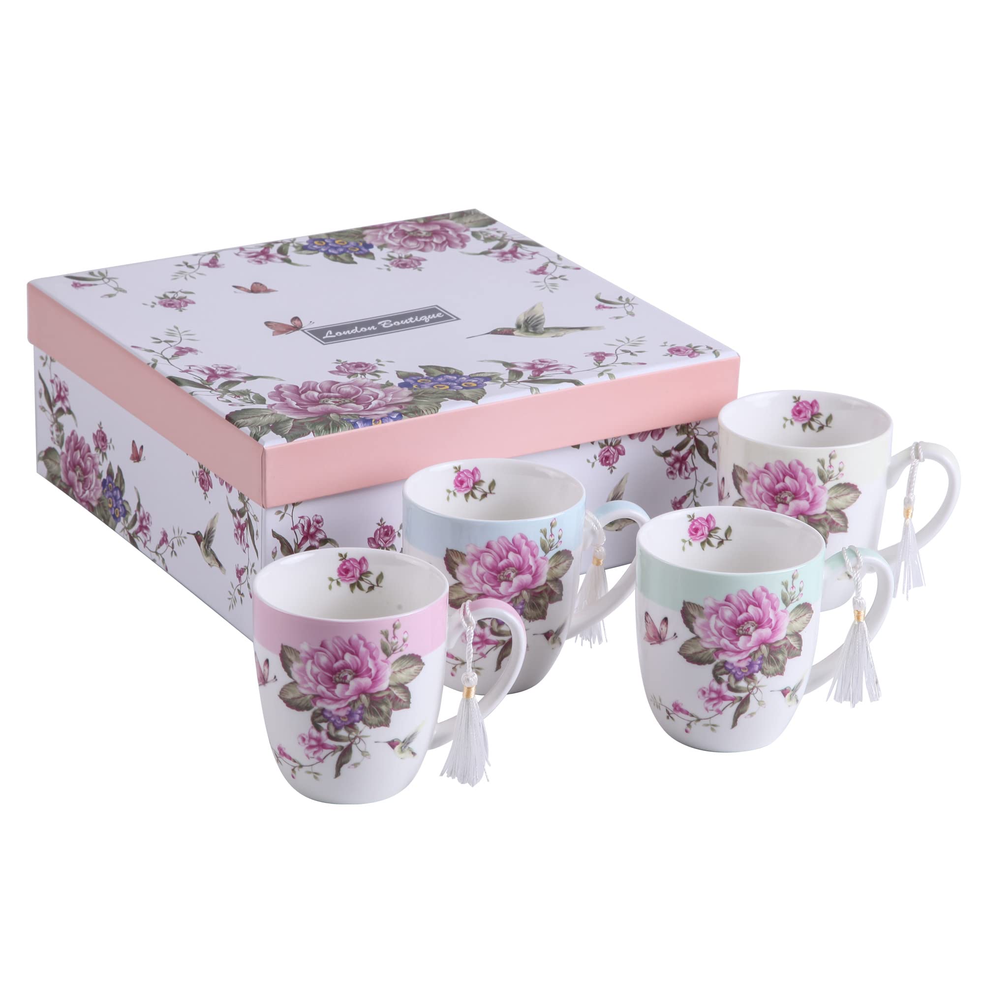 Tea Coffee Cup Mug Set 4 Ceramic Porcelain Bird Rose Butterfly Shabby Chic Design in Gift Box 330ML (1 Set)