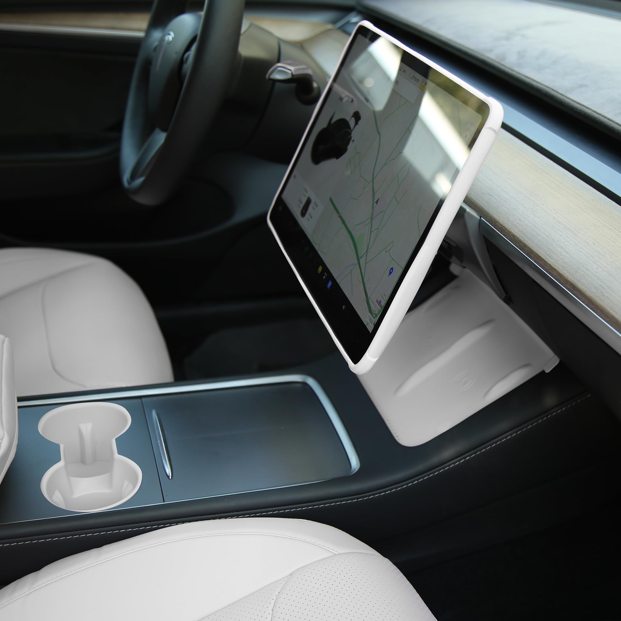 Photo 1 of TOPABYTE 3PCS Center Console Accessories for Tesla Model Y 2021-2024 and Model 3 2021-2023 Cup Holder Insert, Screen Edge Protector Frame, Silicone Wireless Charger Mat, White