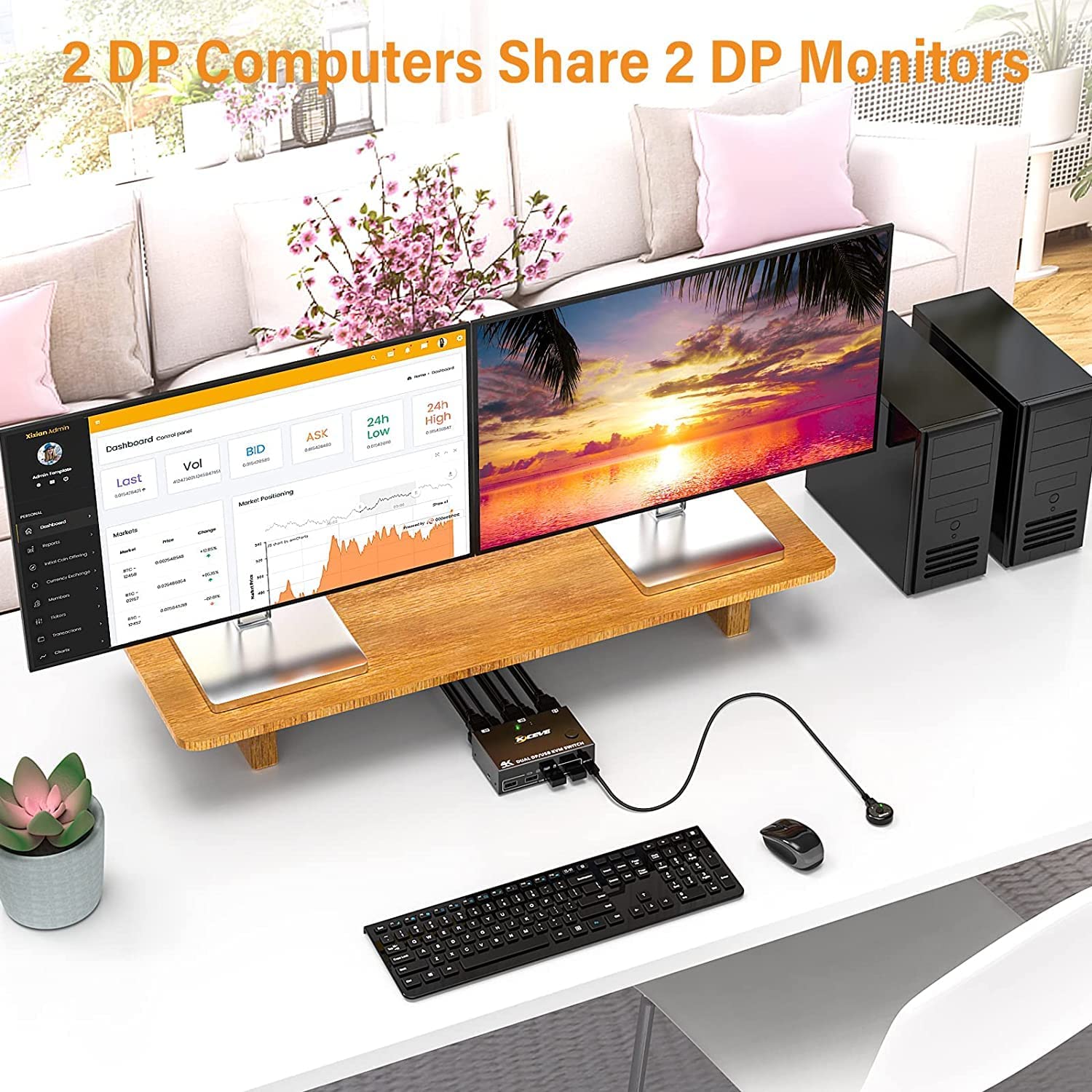 Displayport KVM Switch 2 Monitors 2 Computers, 8K@60Hz 4K@120Hz DP USB 3.0 KVM Switcher for 2 Computers Share 1 Monitor and 4 USB 2.0 Port, Supports Copy and Extend Modes, with Desktop Controller