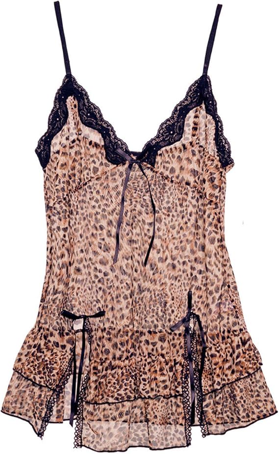 Amazon Co Jp Synlala セクシーランジェリー ベビードール ナイトドレス ヒョウ柄 肉食系 セクシーに攻める 可愛いリボンに色っぽいスリット 紐結びショーツ 服 ファッション小物