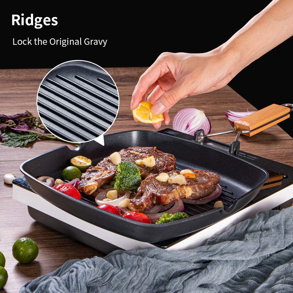 SKY LIGHT Grill Pan, 11 inch Portable Nonstick Frying Pan for Steak, Fish and BBQ, 3.5 mm Forged Deep Square Griddle Pan with Easy Grease Draining, Filter, Folding Handle Induction Skillets: Kitchen & Dining