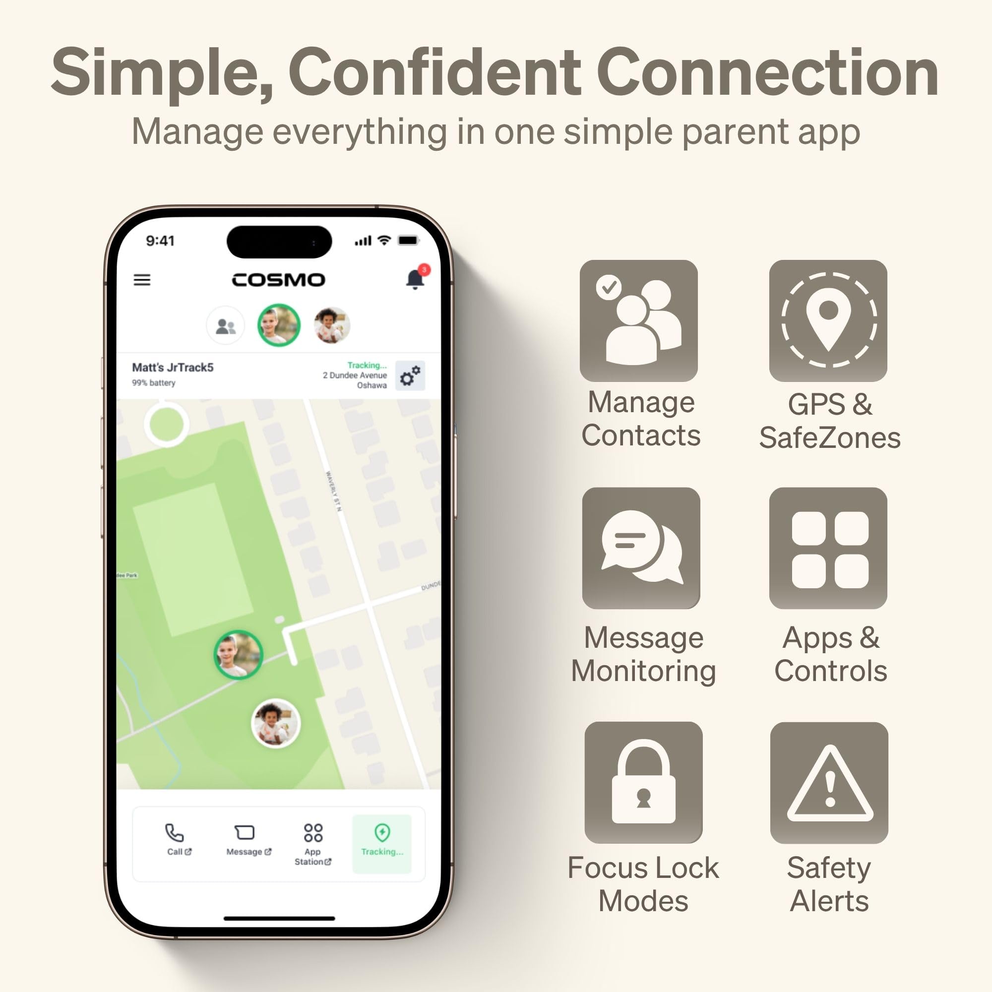 Reloj inteligente para niños JrTrack 5 de Cosmo | El mejor reloj telefónico seguro para niños | Seguimiento GPS de precisión en tiempo real | Llamadas, mensajes de texto, actividades, entornos escolares | Música de Spotify | Controles parentales | SOS y alertas de seguridad