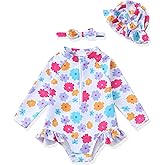 Yhnslsf Baby Girl Swimsuit Summer One-Piece Infant Bathing Suit with Hat Long Sleeve Ruffle Zipper Rash Guard Beach Swimwear
