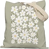 Lacosu Sage Green Aesthetic Canvas Tote Bags, Floral Cute Flower Tote for Women, Reusable Grocery Shopping Bags
