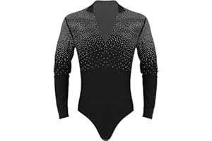 XUNZOO Mens Latin Ballet Ballroom Dance Leotard Long Sleeve Mesh Splice Shiny Rhinestones Decor Shirts