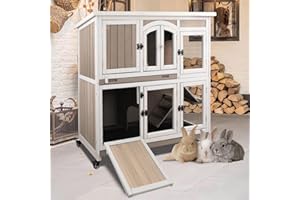 PETSCOSSET Rabbit Hutch Indoor and Outdoor 2-Story Rabbit Cage with Pull Out Tray,Fir Wood Pet House with Wooden Ramp,Waterproof Bunny Cage Indoor with 2 Asphalt Roofs,Grey (19.7" L x 42.7" W x 47.2" H-P33)