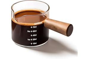 YARRAMATE Espresso Shots Cup with Wood Handle, Clear Glass Espresso Machine Accessories, Espresso Measuring Cup with Dual Sca
