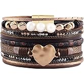 AZORA Womens Leather Cuff Bracelet Baroque Pearl Wrap Bracelets Gorgeous Gold Tube Bangle Handmade Wristbands Jewelry Bohemian Gift for Women