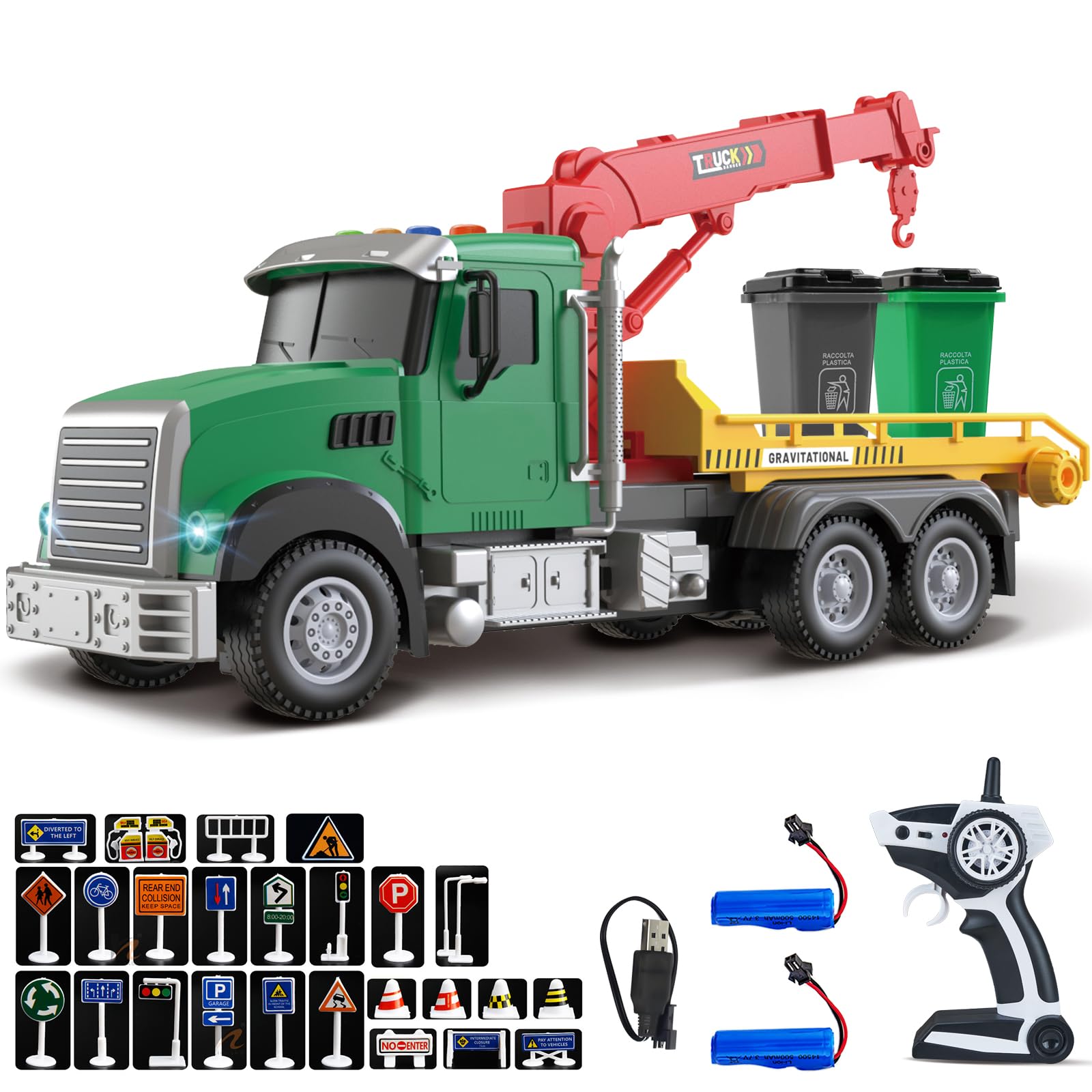 Mostop Remote Control Garbage Truck with with 2 Loader Trash Cans, 4 Channel Recycling Truck, Lights & Sounds, 2 Batteries, 28PCS Traffic Signs- Educational Toy Gift for Kids Ages 6+