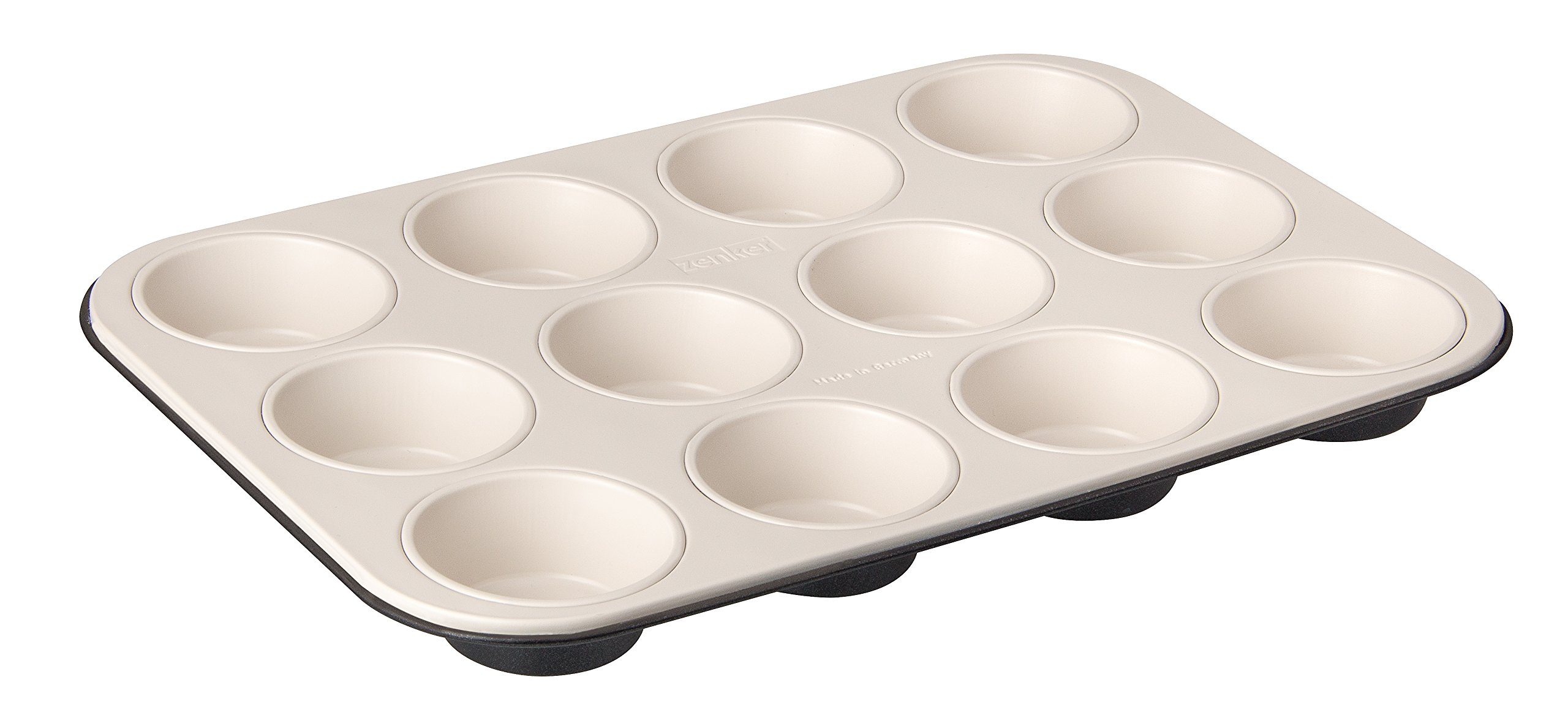 Zenker 12-piece muffin pan diameter 7 cm Creme Noir muffin baking tin made of steel sheet with ceramic reinforced non-stick coating (colour: cream/anthracite). Quantity: 1 piece.