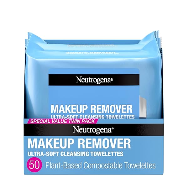 NEUTROGENA MAKEUP REMOVER WIPES, DAILY FACIAL CLEANSER TOWELETTES, GENTLY CLEANSE AND REMOVE OIL & MAKEUP, ALCOHOL-FREE MAKEUP WIPES, 2 X 25 CT