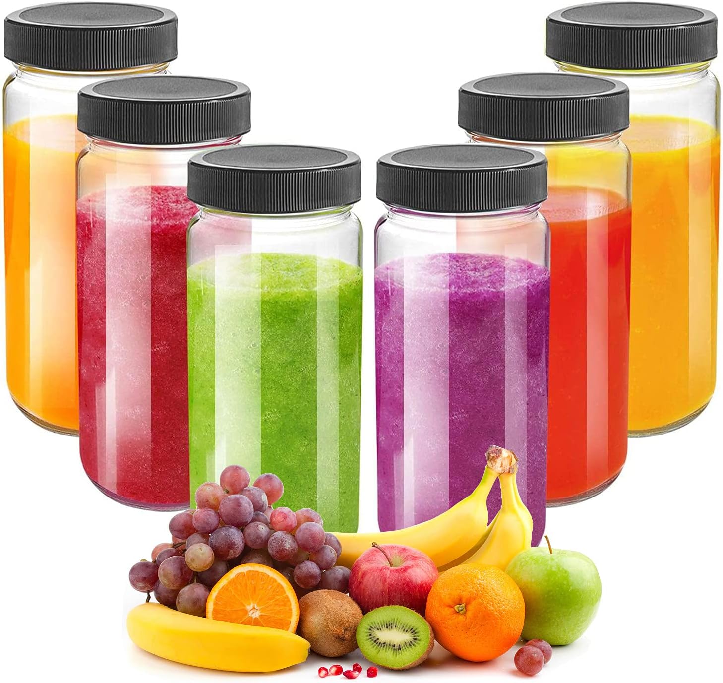 Glass Juicing Bottle Drinking Jars 6 Pack, 16 oz Travel Glass Water Bottles Leak Proof with Plastic Airtight Lids, Dishwasher Safe, Reusable Mason Jars for Juicing ,Smoothies,Milk,Kombucha