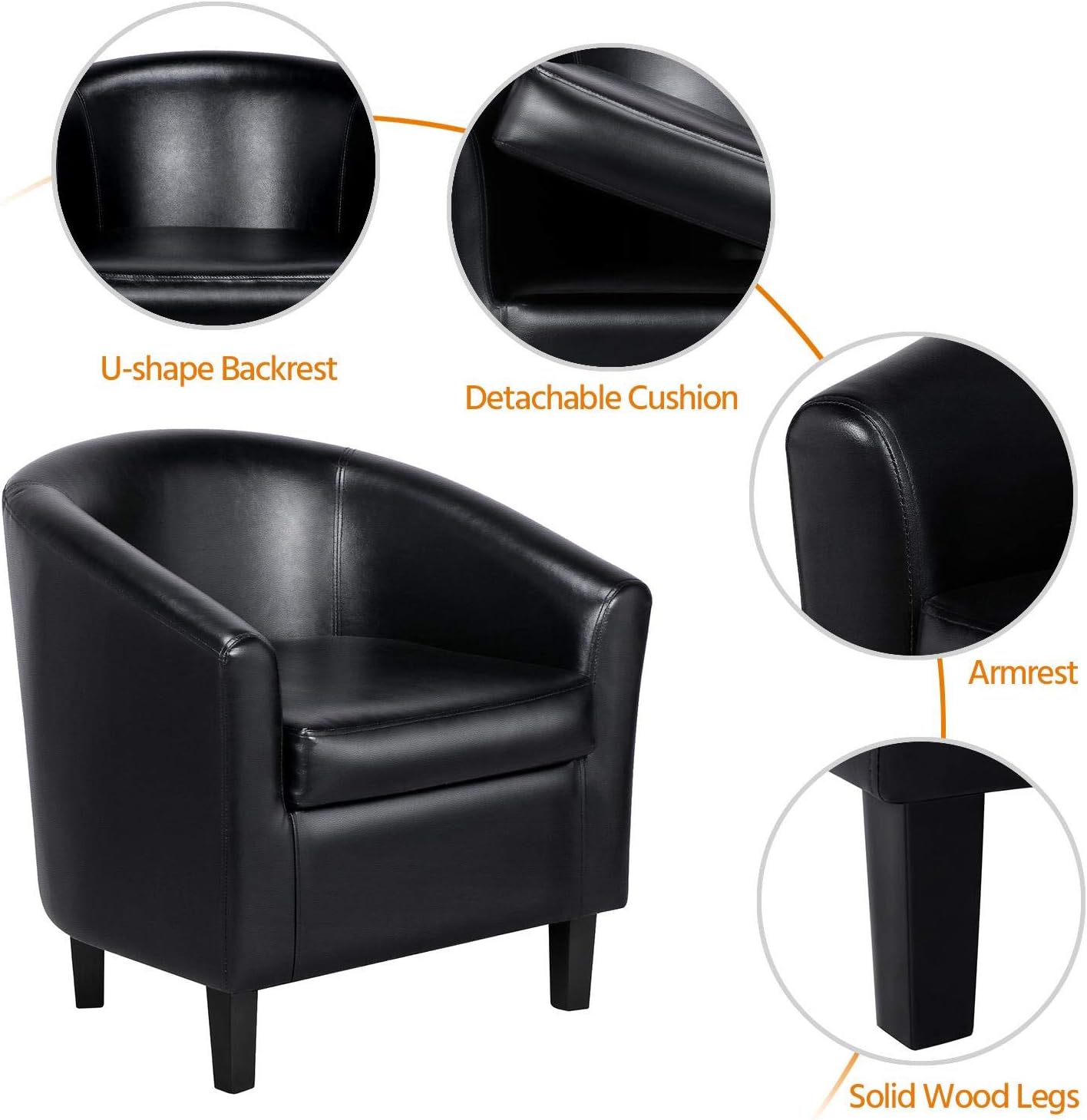 YAHEETECH Barrel Chair Faux Leather Club Chair Accent Arm Chair Modern Style Tub Chair for for Living Room Black: Furniture & Decor
