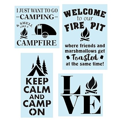 Camping Stencil Bundle 4 Reusable Stencils Camp Fire Pit Camper Trees Marshmallows