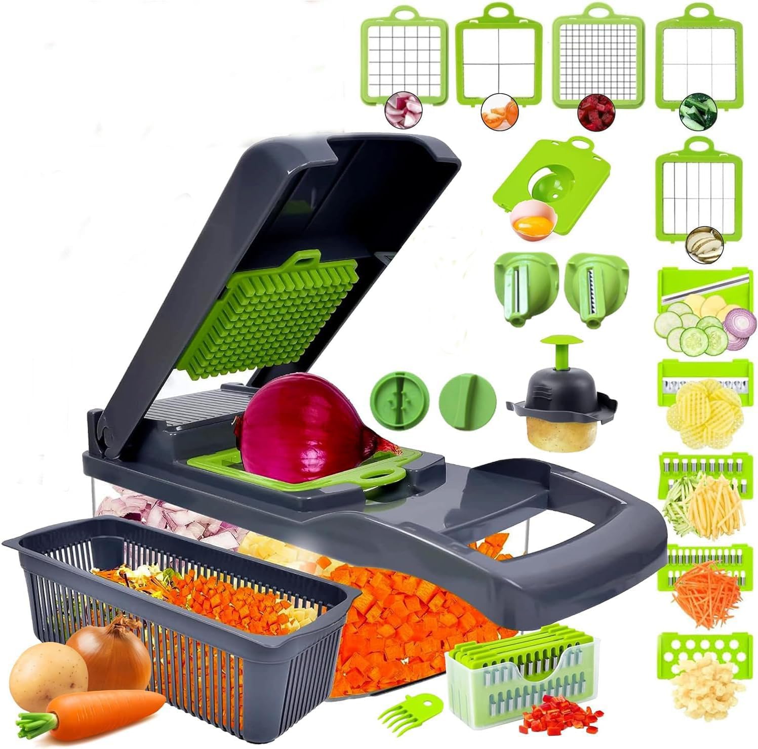 SGAONSN 22 in 1 Vegetable Chopper,Kitchen Mandoline with 1.2L Container & Draining Basket,Vegetable Chopper Onion Chopper&Dicer|Spiralizer,Lemon Squeezer,Egg Seperator-Ultimate Kitchen Gadget (Grey)