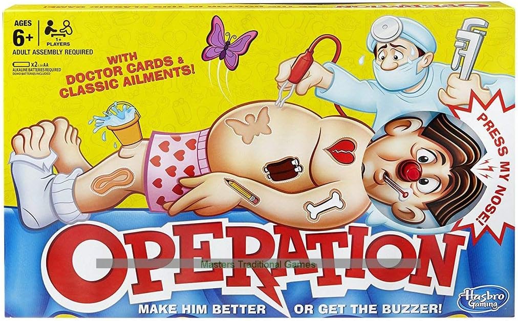 Classic Operation Game, Electronic Board Game with Cards, Indoor Game for Children Aged 6 and Up, Red