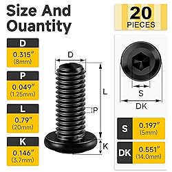 Mywish M8 x 20mm 20Pcs Flat Head Hex Socket Cap